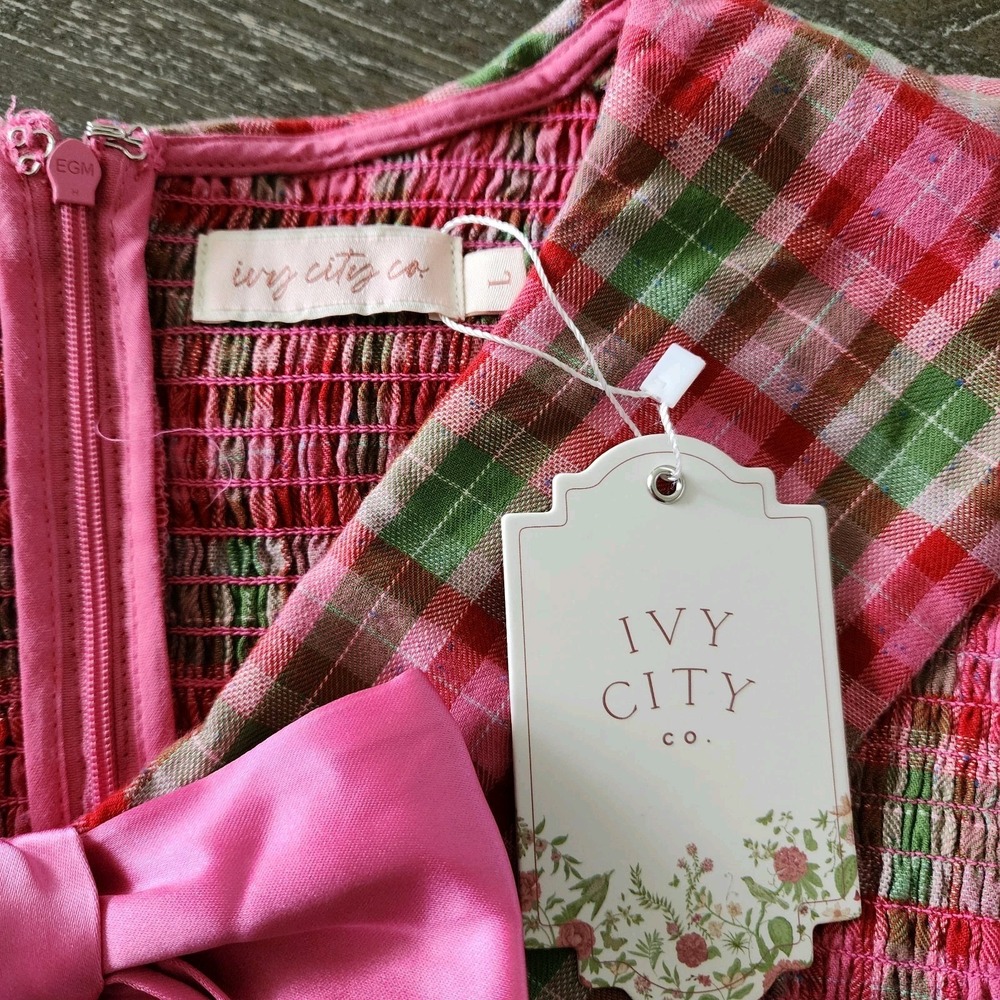 Ivy City Alice Dress L Rosewood Tartan Plaid Bow Smocked Coquette Holiday Preppy - Picture 4 of 15